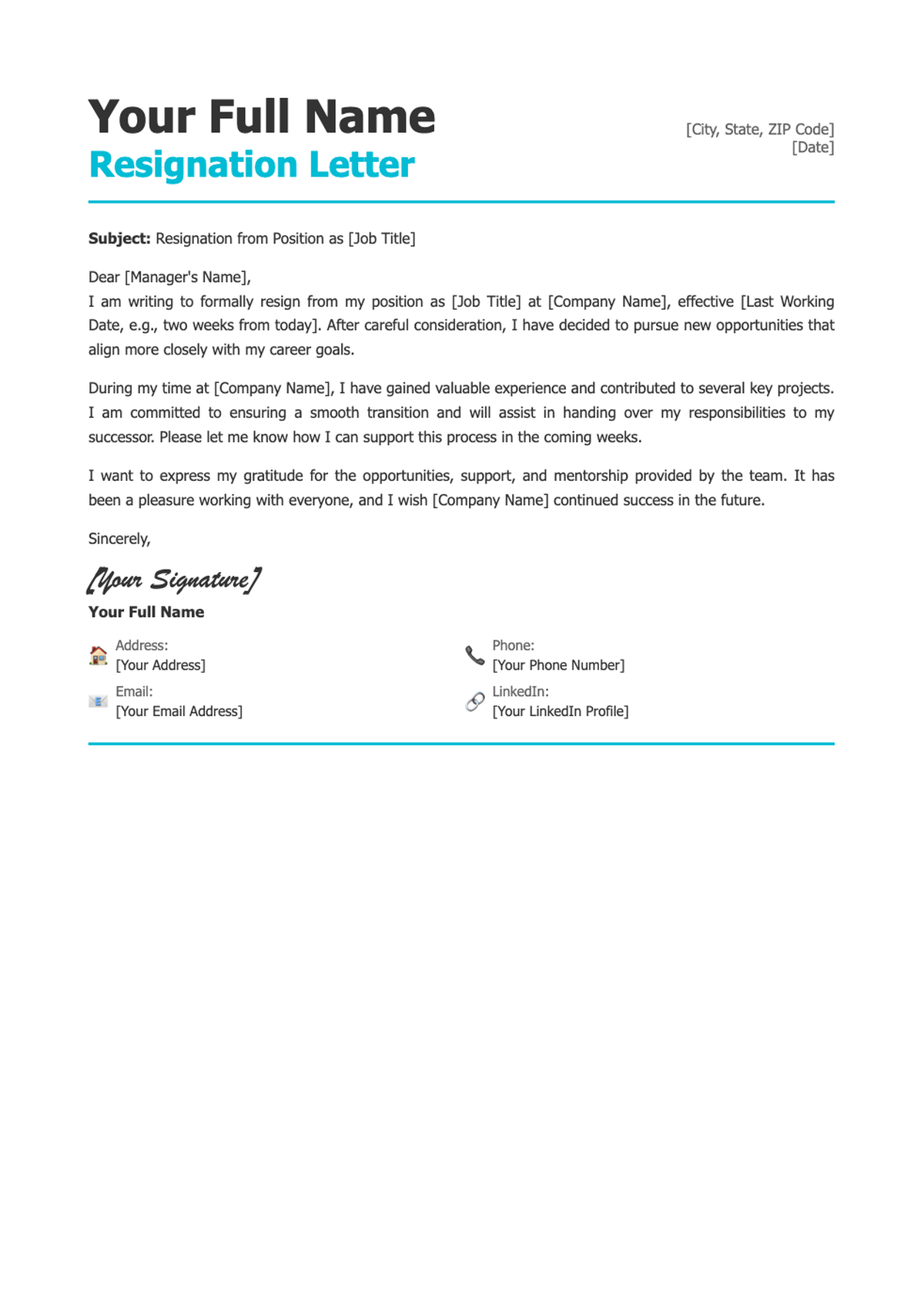 Professional resignation letter template with teal accents and contact details_variant_3